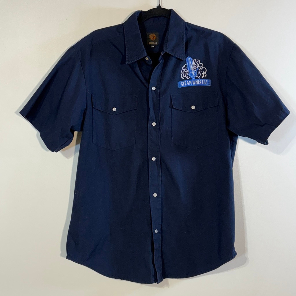 Steam Whistle Mechanic Shirt Men’s Medium Blue Snap Button Beer Logo Pilsner